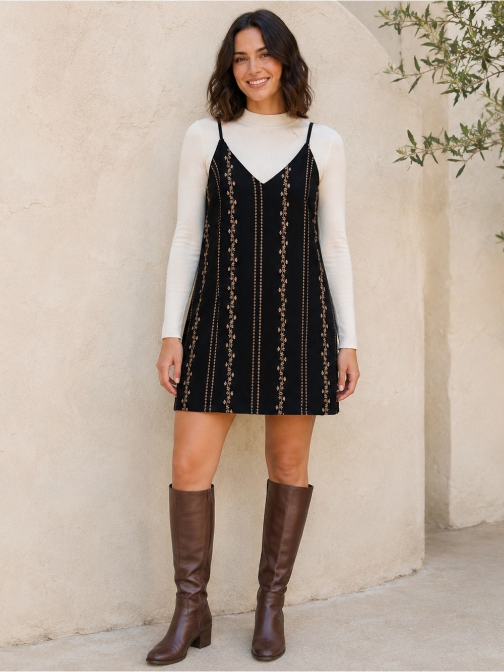 Honey Belle Faux Suede Embroidered Mini Dress S Black Brown Boho Fall Layering